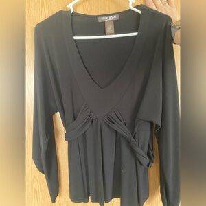 Bisou Bisou Black V-Neck Long Sleeve Gathered Waist Top